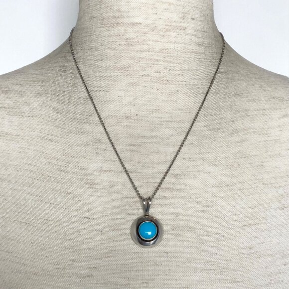 VTG Sterling Silver 925 ML Perry Navajo Southwest Turquoise Pendant Necklace 18" - Picture 2 of 16